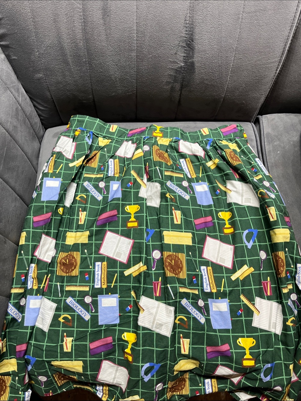 ModCloth Green School-Themed A-Line Skirt with Multicolor Motifs